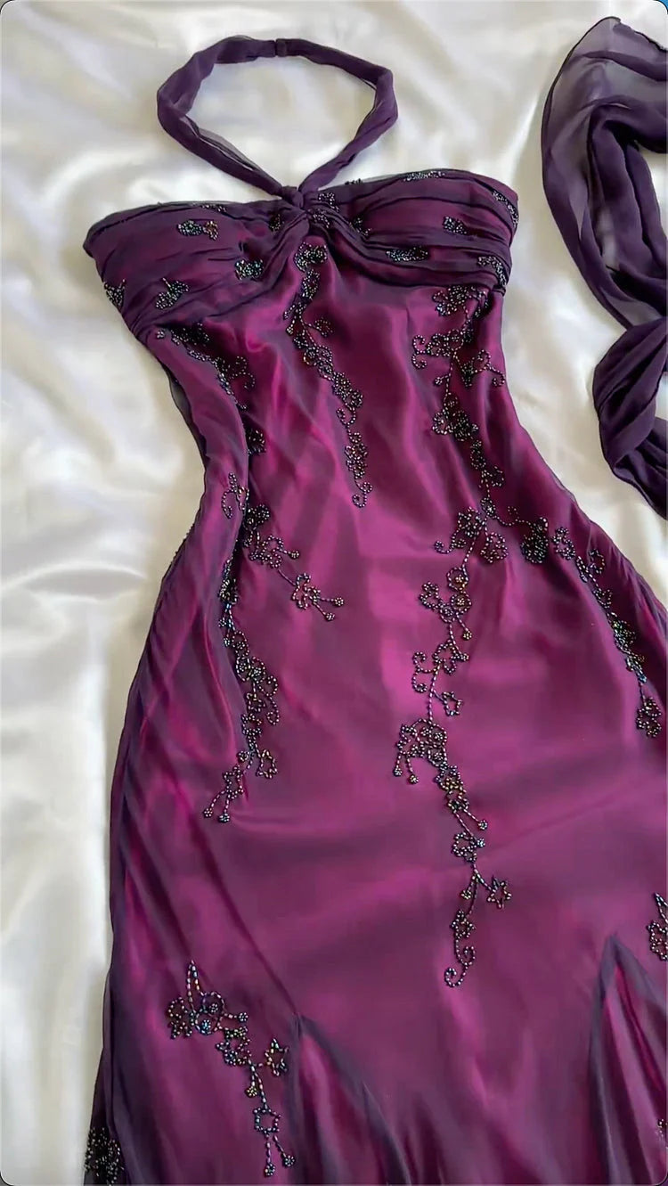 Purple Exquisite Elegant Backless Beaded Long Prom Dress Evening Gown Graduation Dress