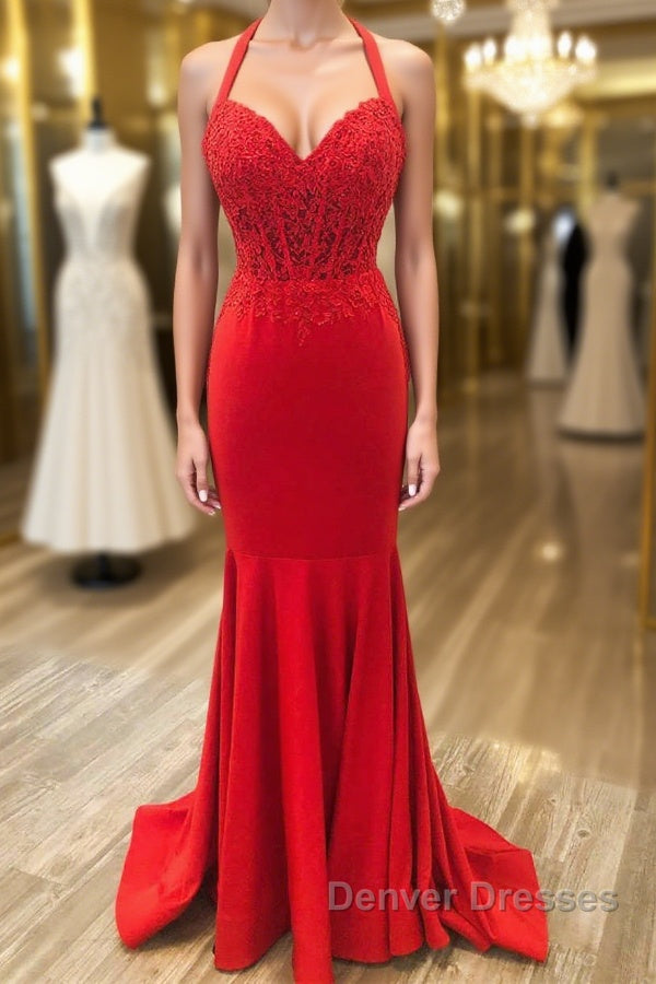 Halter Neck Mermaid Backless Red Lace Long Prom Dress, Mermaid Red Formal Dress, Red Lace Evening Dress