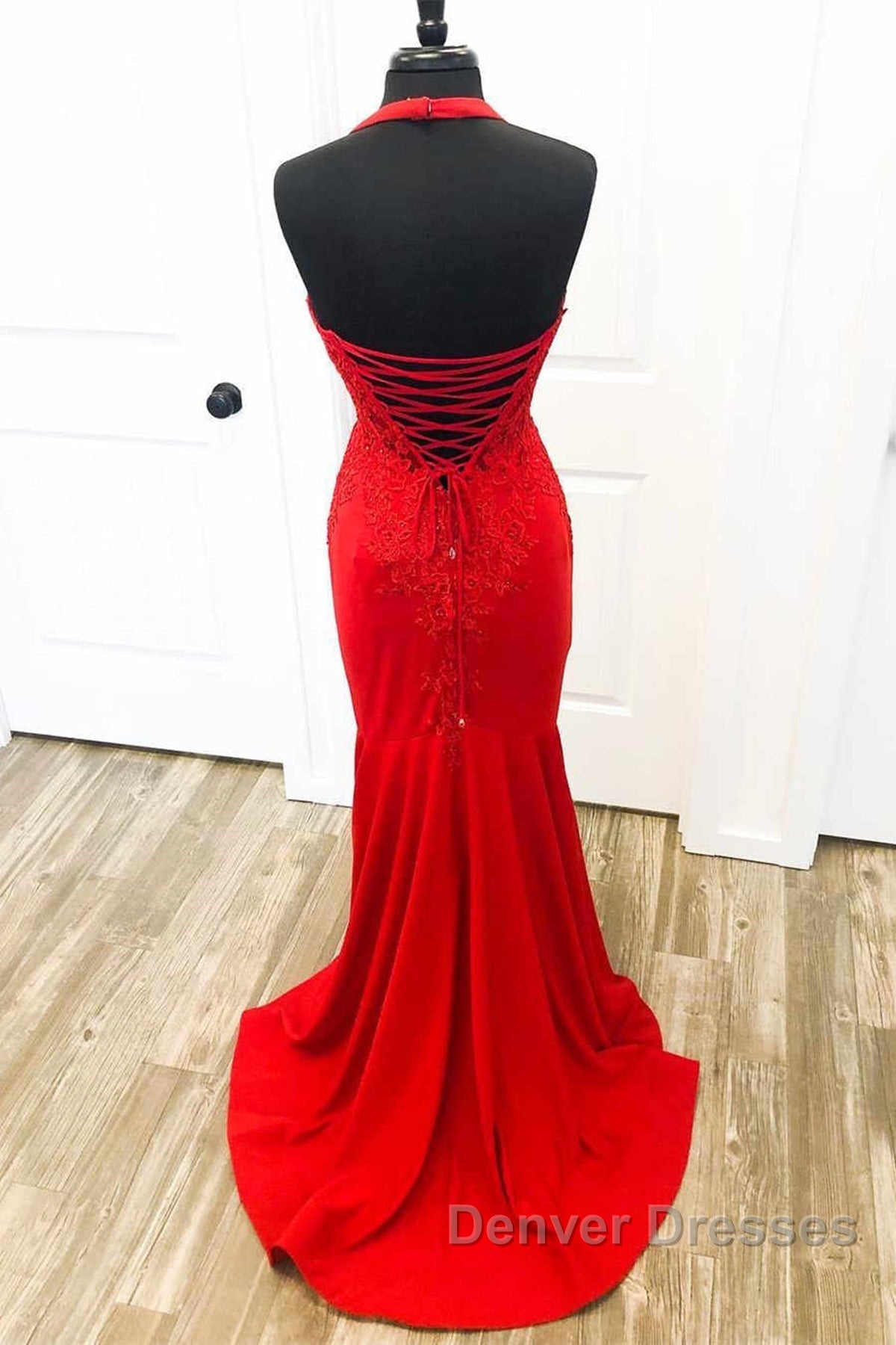 Halter Neck Mermaid Backless Red Lace Long Prom Dress, Mermaid Red Formal Dress, Red Lace Evening Dress