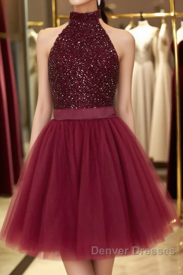Halter Neck Open Back Beaded Burgundy Prom Dress, Backless Burgundy Homecoming Dress, Short Burgundy Formal Evening Dress Main image