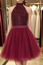 Halter Neck Open Back Beaded Burgundy Prom Dress, Backless Burgundy Homecoming Dress, Short Burgundy Formal Evening Dress