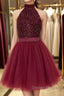 Halter Neck Open Back Beaded Burgundy Prom Dress, Backless Burgundy Homecoming Dress, Short Burgundy Formal Evening Dress
