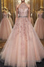 Halter Neck Pink Lace Long Prom Dress with Belt, Pink Lace Formal Dress, Pink Evening Dress