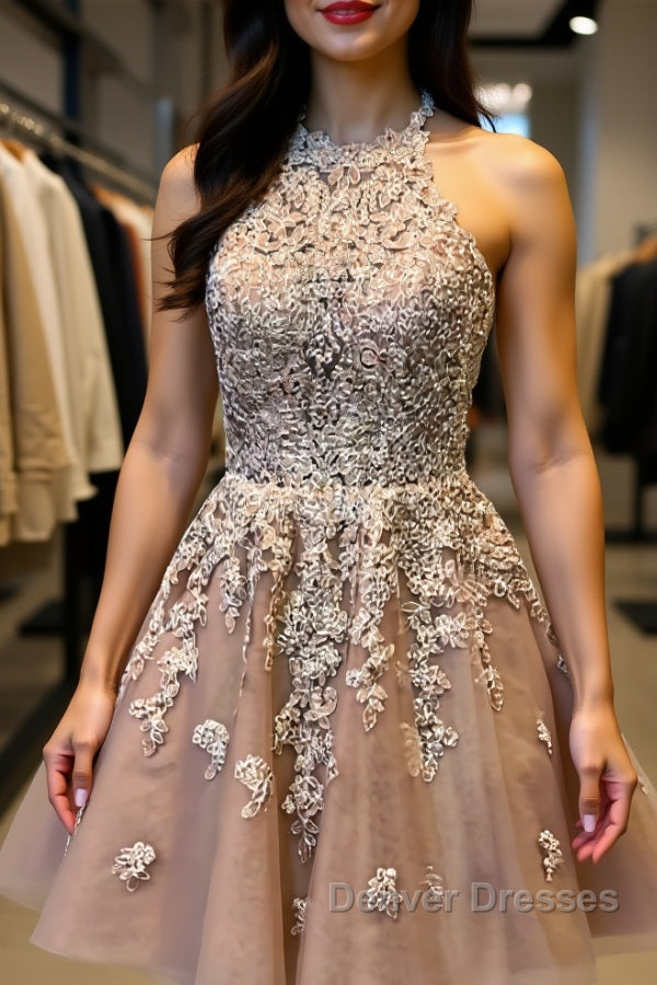 Halter Neck Short Champagne Lace Prom Dress, Champagne Lace Formal Graduation Homecoming Dress Main image