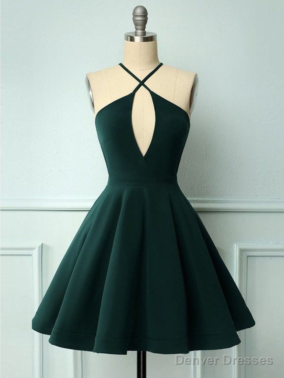 Halter Neck Short Dark Green Prom Dresses, Short Dark Green Formal Graduation Homecoming Dresses Main image