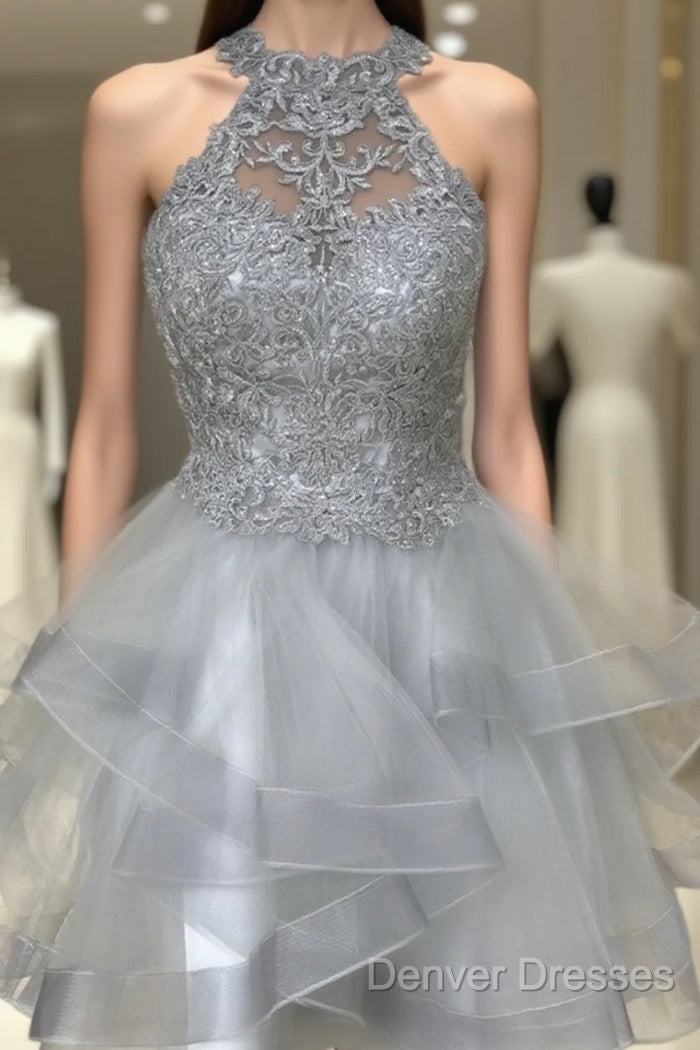 Halter Neck Short Gray Lace Prom Dress, Short Gray Lace Formal Graduation Dress