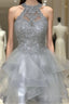 Halter Neck Short Gray Lace Prom Dress, Short Gray Lace Formal Graduation Dress