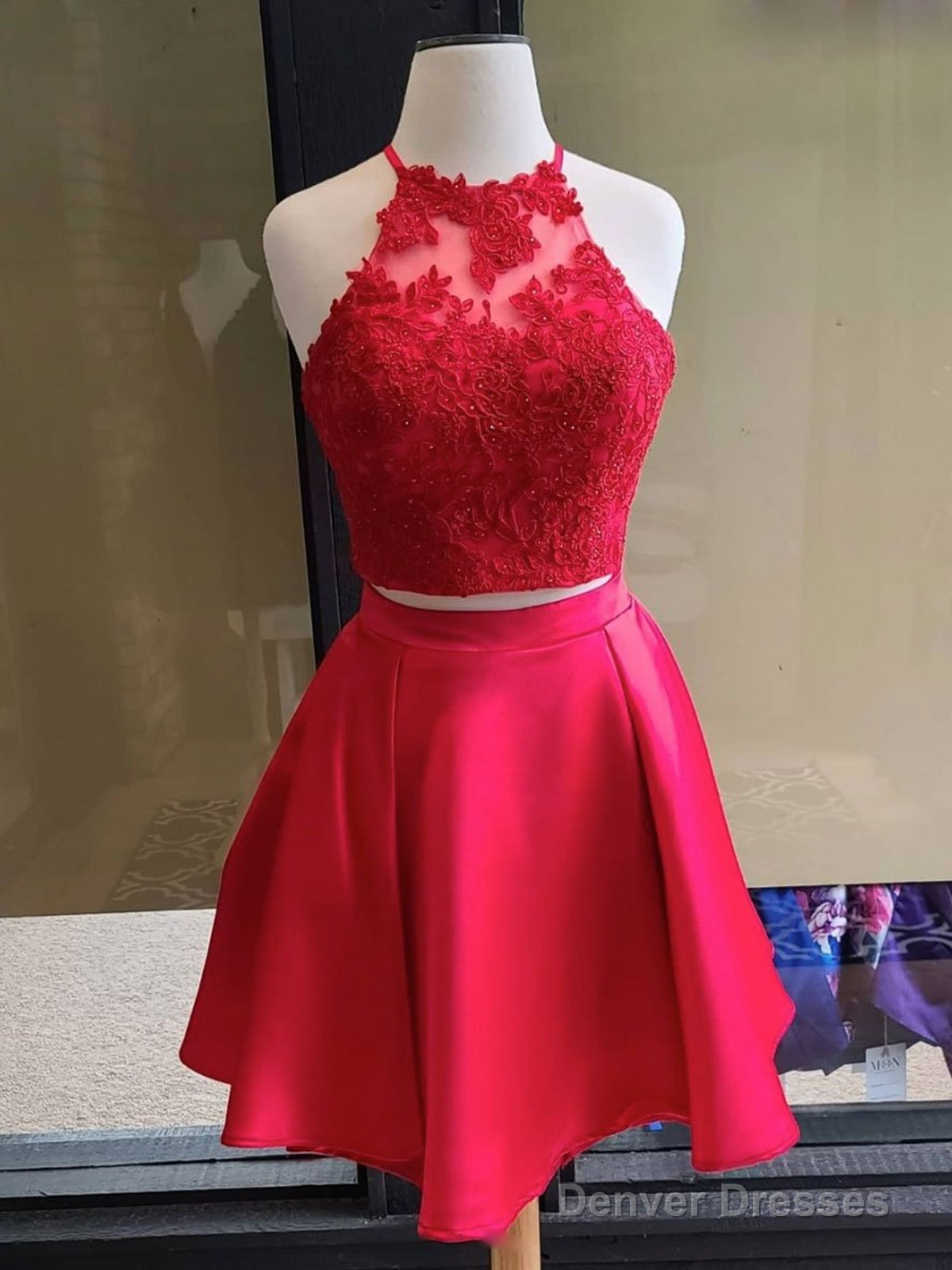 Halter Neck Short Red 2 Pieces Lace Prom Dresses, Two Pieces Short Red Lace Homecoming Graduation Dresses Main image