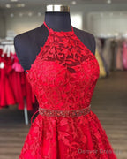 Halter Neck Short Red Lace Prom Dresses, Short Red Lace Formal Homecoming Dresses