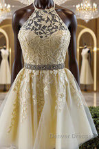 Halter Neck Short Yellow Lace Prom Dressses, Backless Short Yellow Lace Formal Homecoming Dress