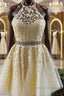 Halter Neck Short Yellow Lace Prom Dressses, Backless Short Yellow Lace Formal Homecoming Dress