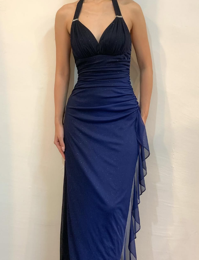 Halter Ombre Navy Blue Long Chiffon Prom Dress