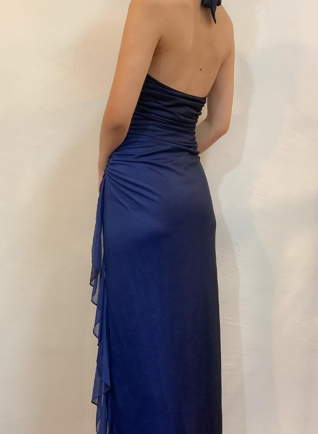 Halter Ombre Navy Blue Long Chiffon Prom Dress