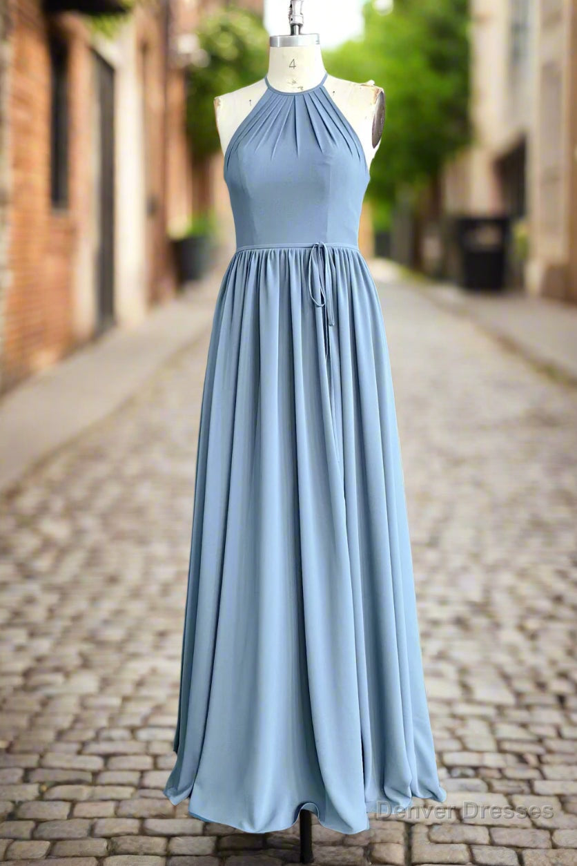 Halter Open Back High Neck Chiffon Long Dusty Blue Plus Size Bridesmaid Dress Secondary image
