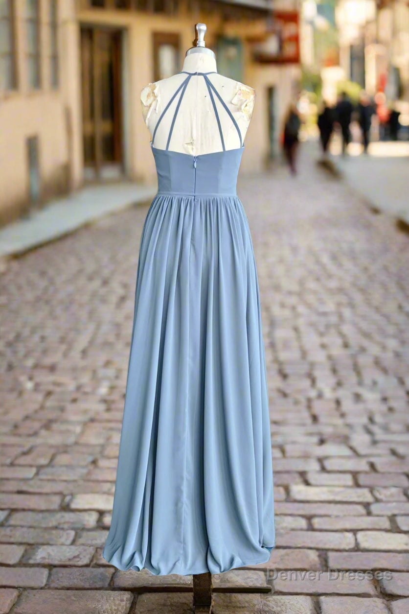 Halter Open Back High Neck Chiffon Long Dusty Blue Plus Size Bridesmaid Dress