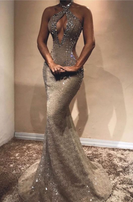 Halter Open Back Long Prom Dress Cheap Shiny Beads Crystals Illusion Mermaid Formal Gowns Main image