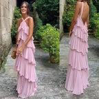 Halter Pink Chiffon Long Prom Evening Dress Layers Chiffon Custom Made Party Dress