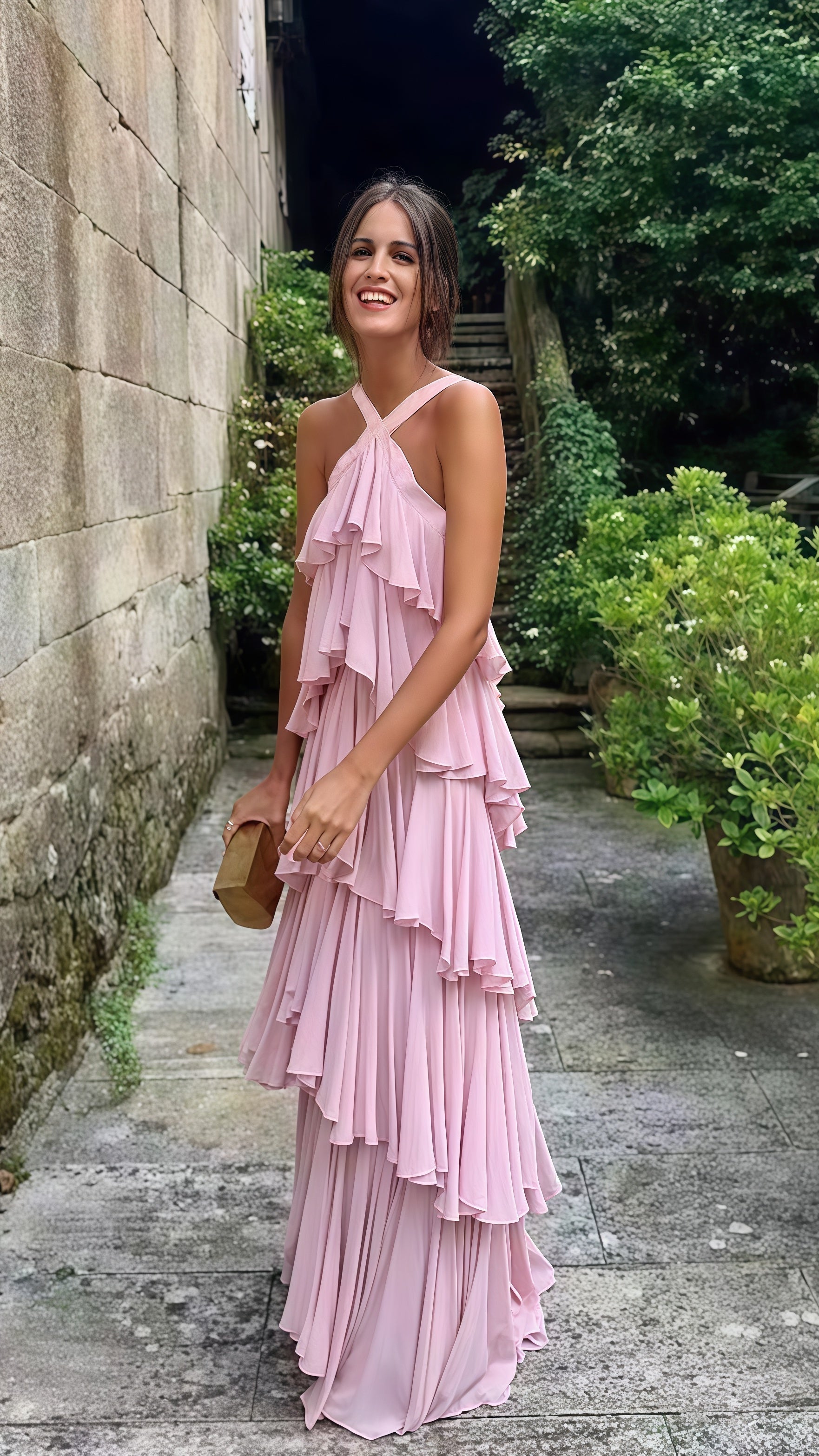 Halter Pink Chiffon Long Prom Evening Dress Layers Chiffon Custom Made Party Dress Main image