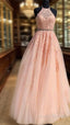 Halter Pink Lace Prom Dress With Appliques,