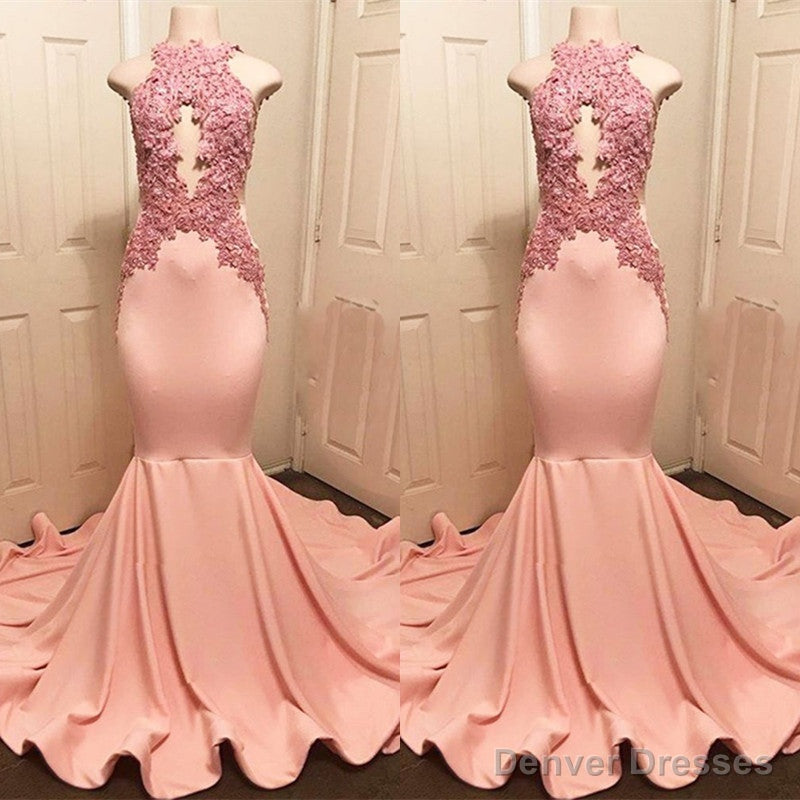 Halter Pink Lace Prom Party Gowns| Mermaid Formal Dresses