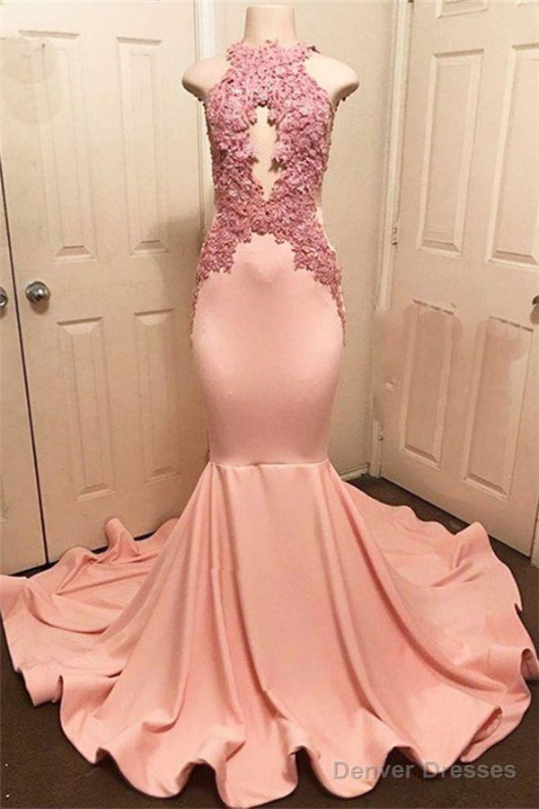 Halter Pink Lace Prom Party Gowns| Mermaid Formal Dresses Main image