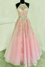 Halter Prom Dresses Tulle Ball Gown Appliques