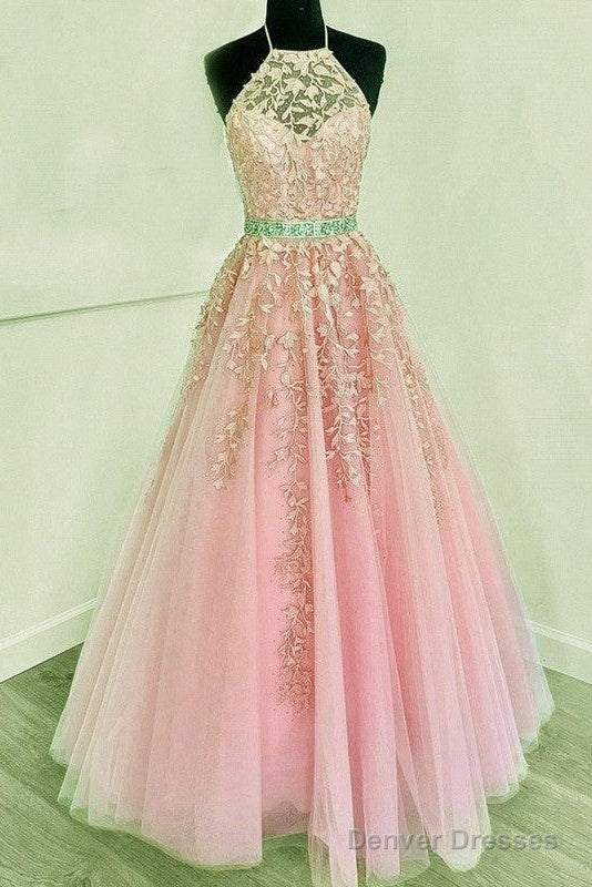 Halter Prom Dresses Tulle Ball Gown Appliques