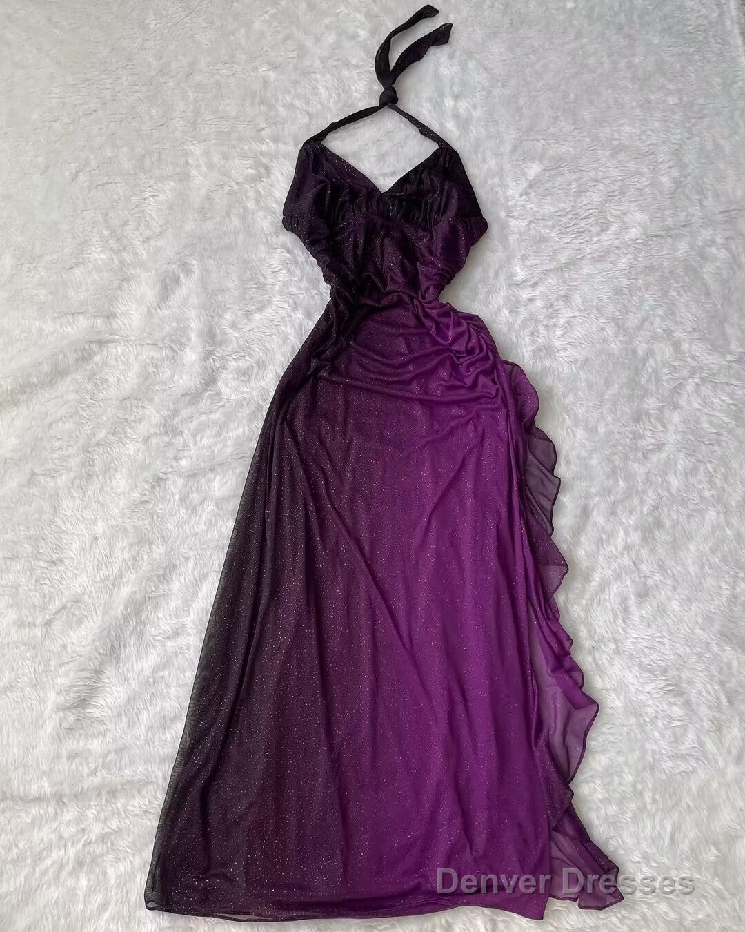 Halter Purple A Line Long Ruffled Prom Dresses Main image