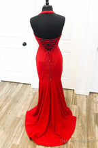 Halter Red Mermaid Long Prom Dresses Lace Appliques