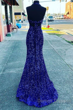 Halter Royal Blue Sequin Evening Dress Uk Long Prom Dress