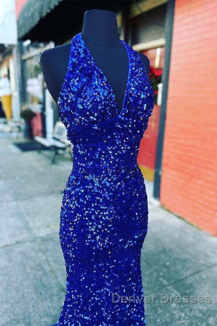 Halter Royal Blue Sequin Evening Dress Uk Long Prom Dress