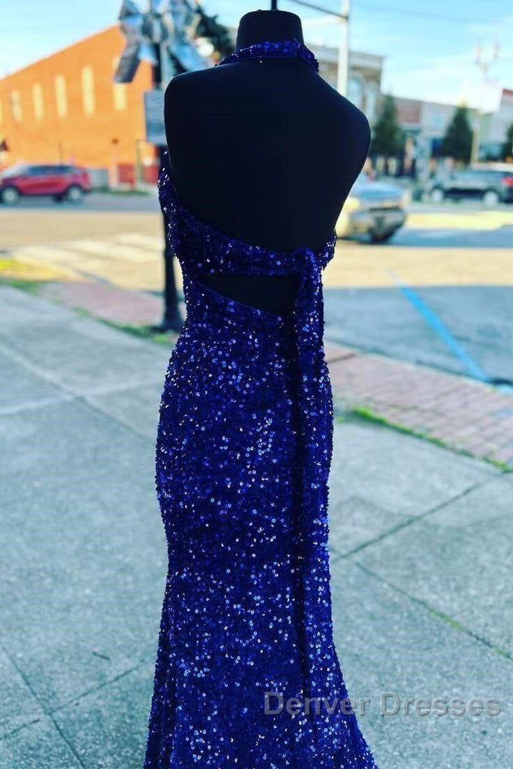 Halter Royal Blue Sequin Evening Dress Uk Long Prom Dress