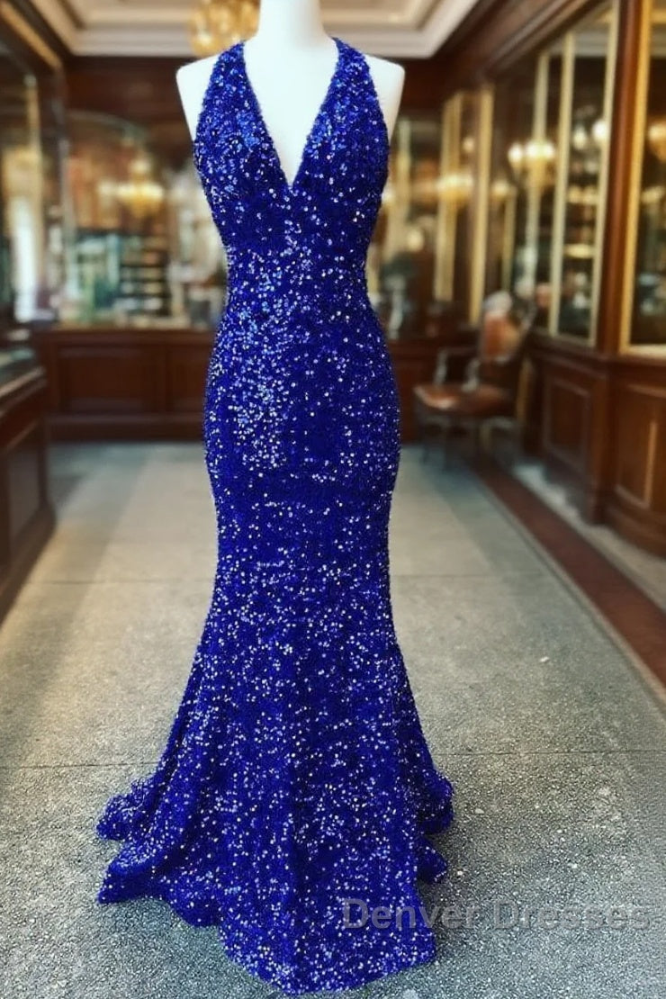 Halter Royal Blue Sequin Evening Dress Uk Long Prom Dress Main image
