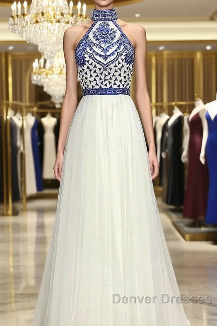 Halter Scoop Neck Tulle Floor-Length Prom Dress