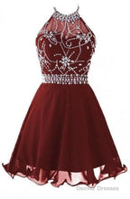 Halter Short Backless Chiffon Brown Homecoming Dress With Beading