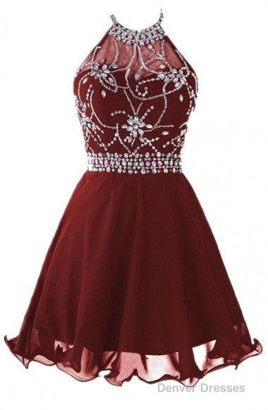 Halter Short Backless Chiffon Brown Homecoming Dress With Beading