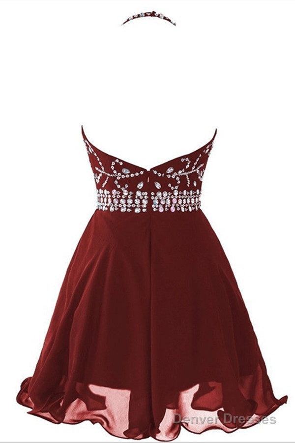 Halter Short Backless Chiffon Brown Homecoming Dress With Beading