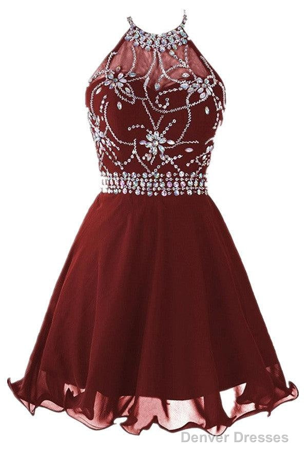 Halter Short Backless Chiffon Brown Homecoming Dress With Beading Main image