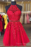 Halter Short Red Homecoming Dress With Lace Appliques And Beaded Band