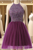 Halter Sleeveless Short Purple Homecoming Dress Prom Dress