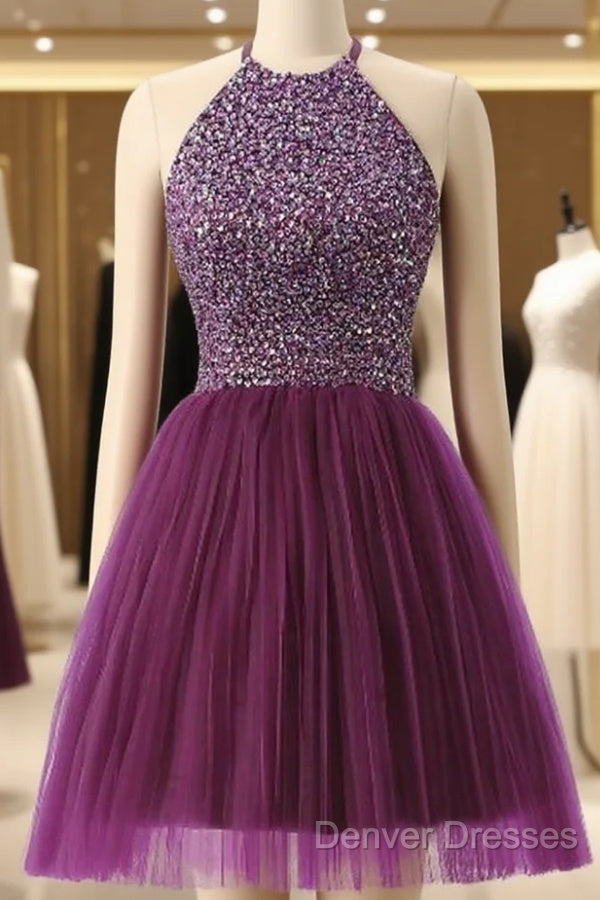 Halter Sleeveless Short Purple Homecoming Dress Prom Dress