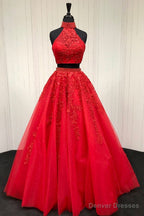 Halter Two Piece Tulle Red Long Prom Dress With Beaded Appliques