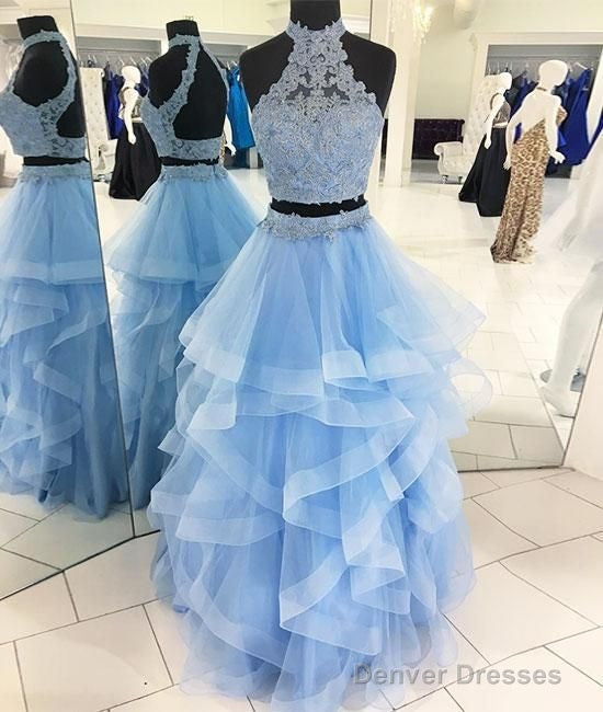 Halter Two Pieces Prom Dress Blue Tulle Lace Long Formal Dress Main image