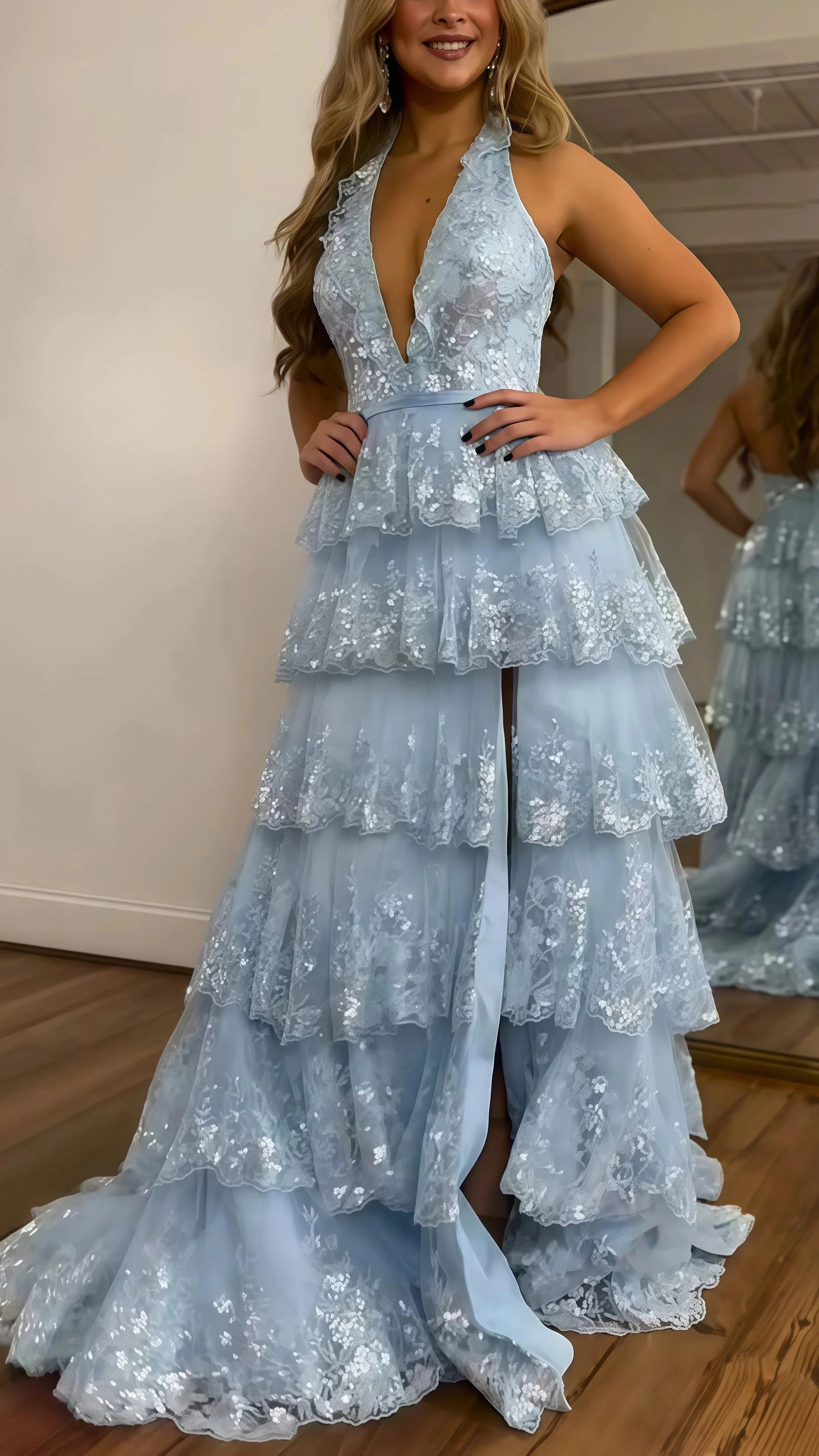 Halter V-Neck Appliques Ruffles Long Prom Dress