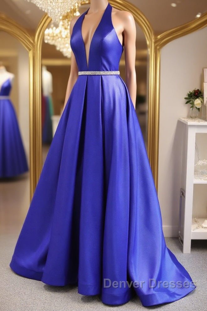 Halter V Neck Backless Blue Long Prom Dress with Belt, Backless Blue Formal Evening Dress