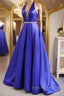 Halter V Neck Backless Blue Long Prom Dress with Belt, Backless Blue Formal Evening Dress