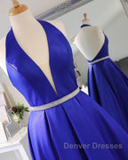 Halter V Neck Backless Blue Long Prom Dress with Belt, Backless Blue Formal Evening Dress