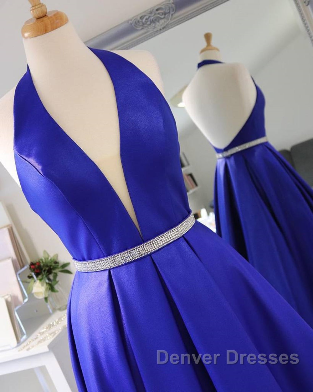 Halter V Neck Backless Blue Long Prom Dress with Belt, Backless Blue Formal Evening Dress
