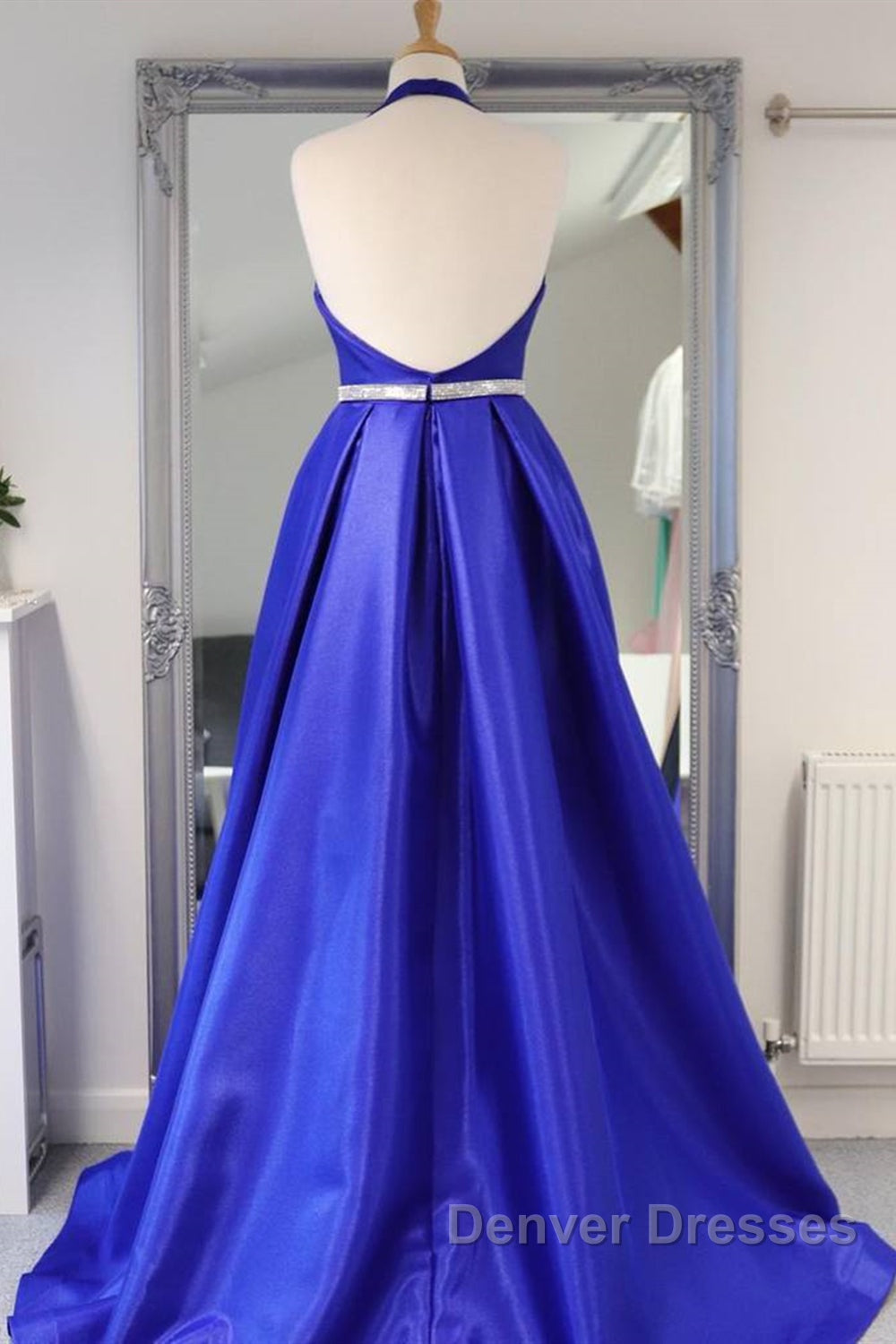 Halter V Neck Backless Blue Long Prom Dress with Belt, Backless Blue Formal Evening Dress