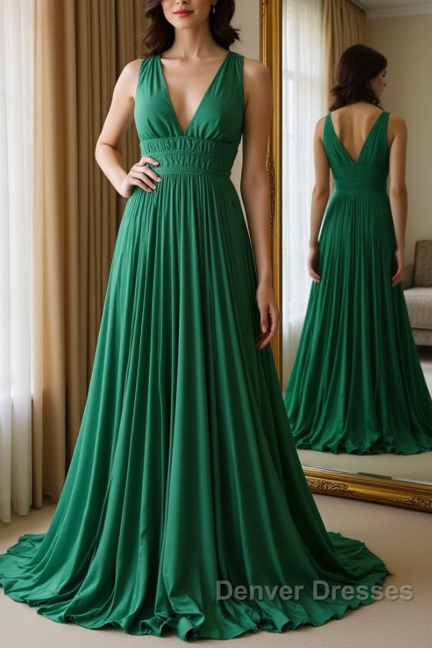 Halter V Neck Backless Emerald Green Satin Long Prom Dress, Backless Emerald Green Formal Graduation Evening Dress Main image